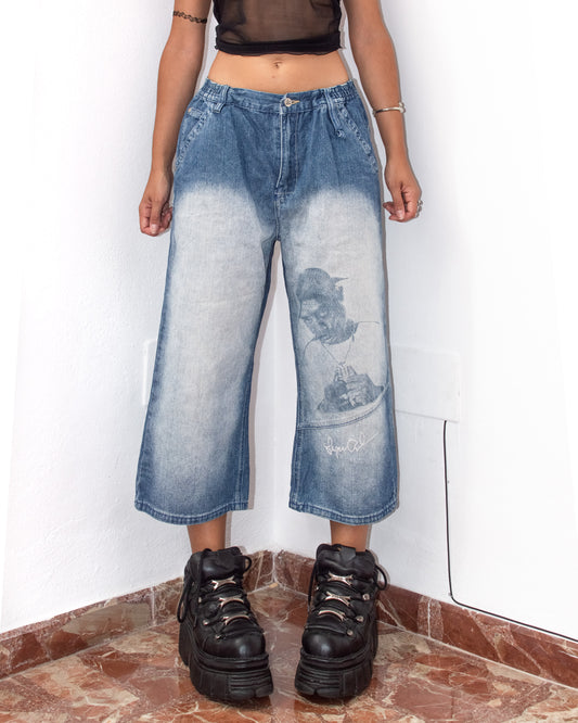 Y2k Vintage Acid Wash Tupac Shakur Wide Leg Pirate Long Shorts - Denim Jorts - Size M