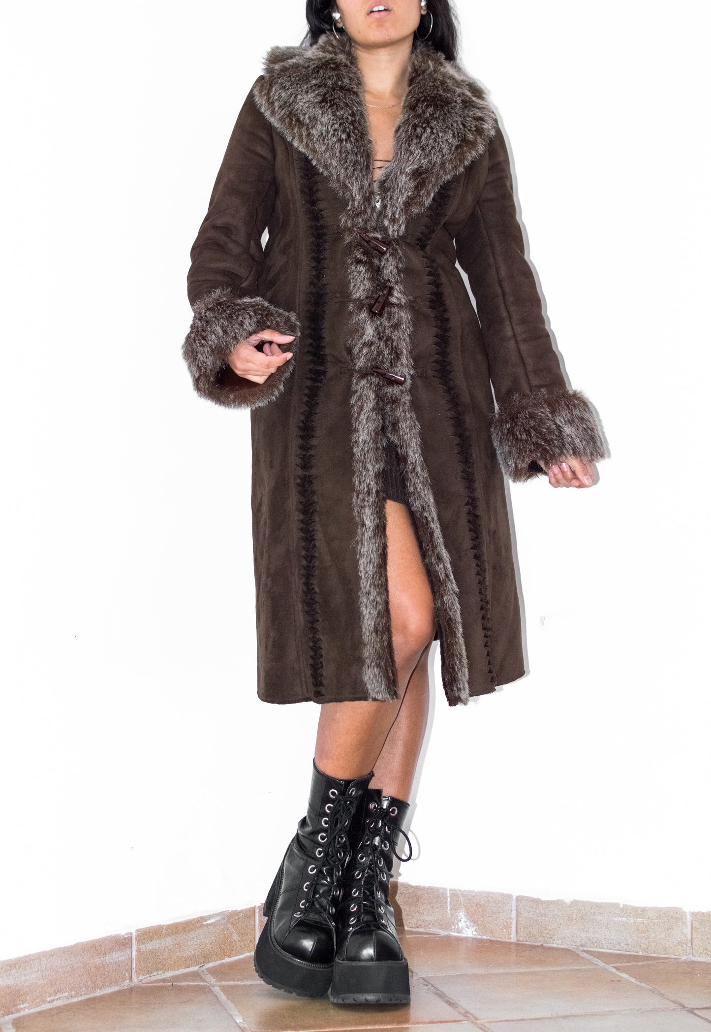 Vintage Brown Long Fur Trim Afghan Coat with Openwork Details