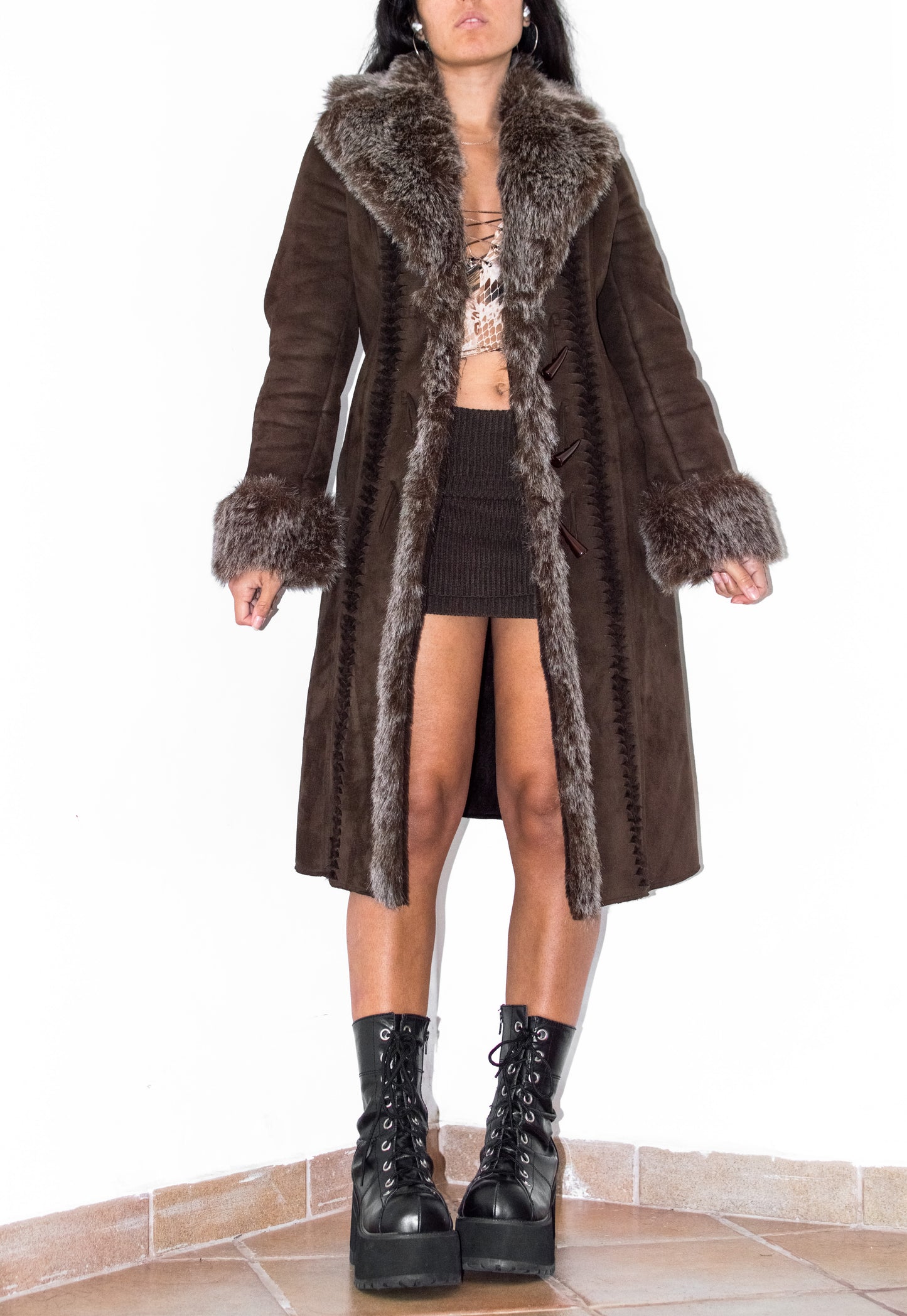 Vintage Brown Long Fur Trim Afghan Coat with Openwork Details