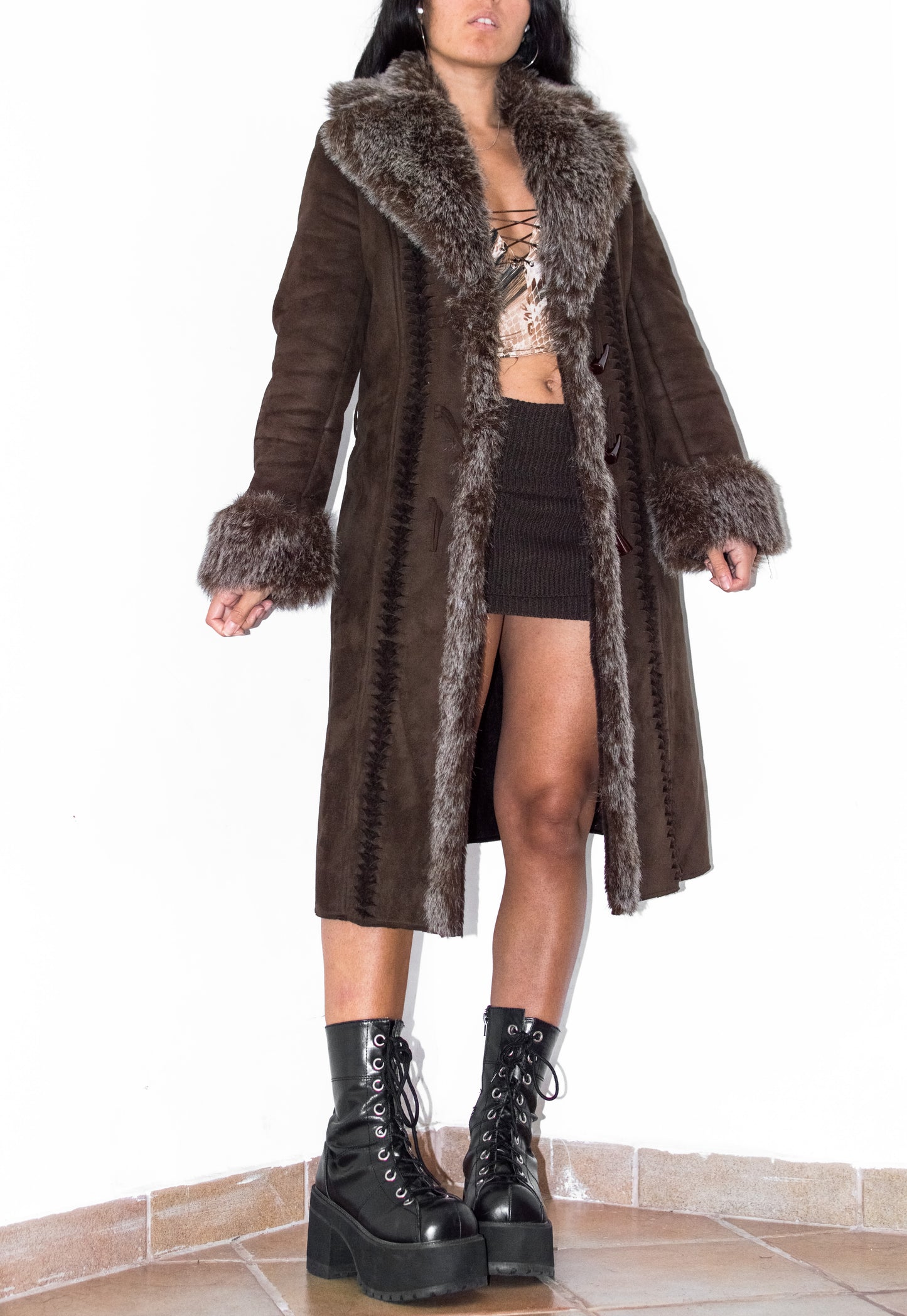 Vintage Brown Long Fur Trim Afghan Coat with Openwork Details