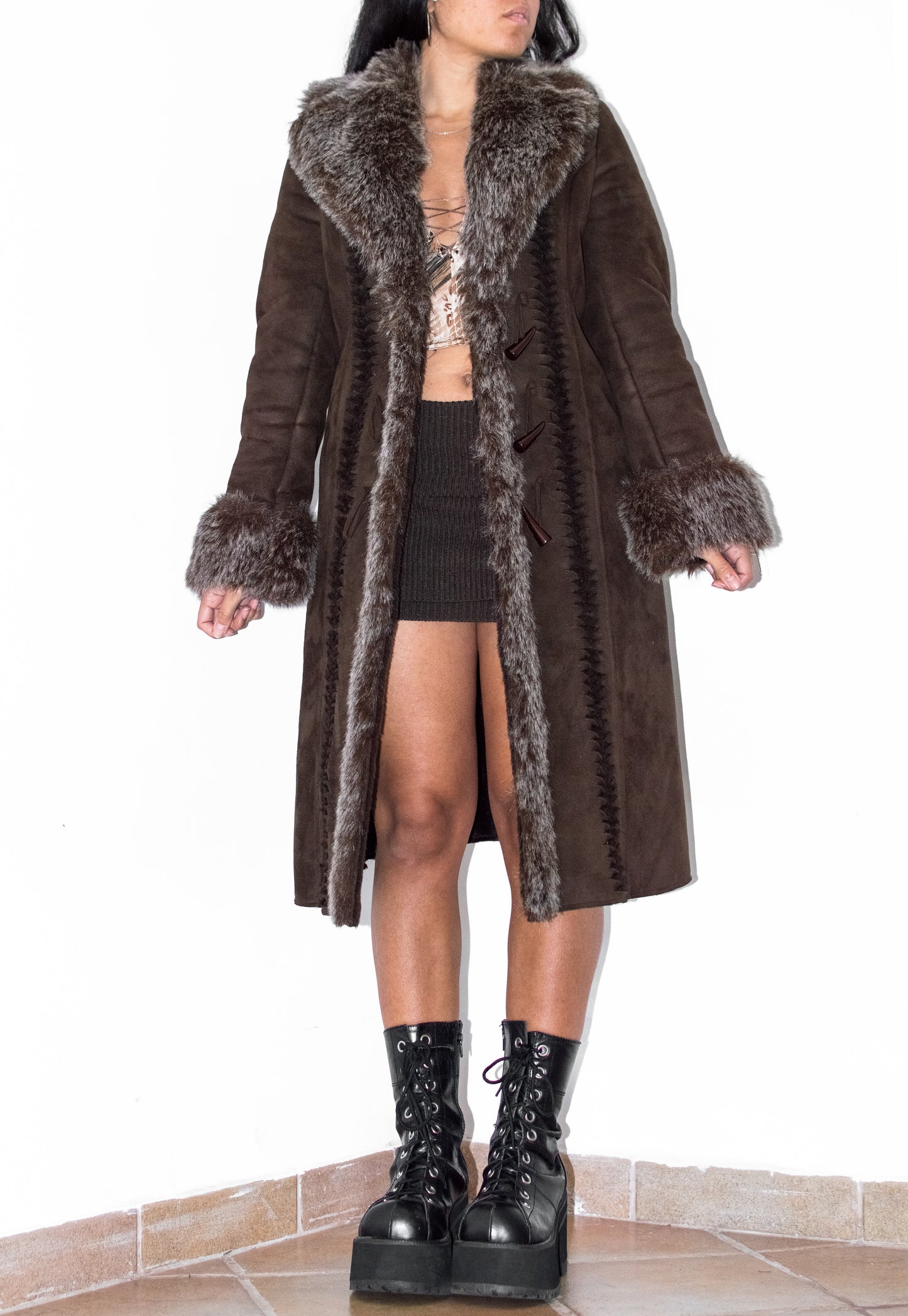 Vintage Brown Long Fur Trim Afghan Coat with Openwork Details