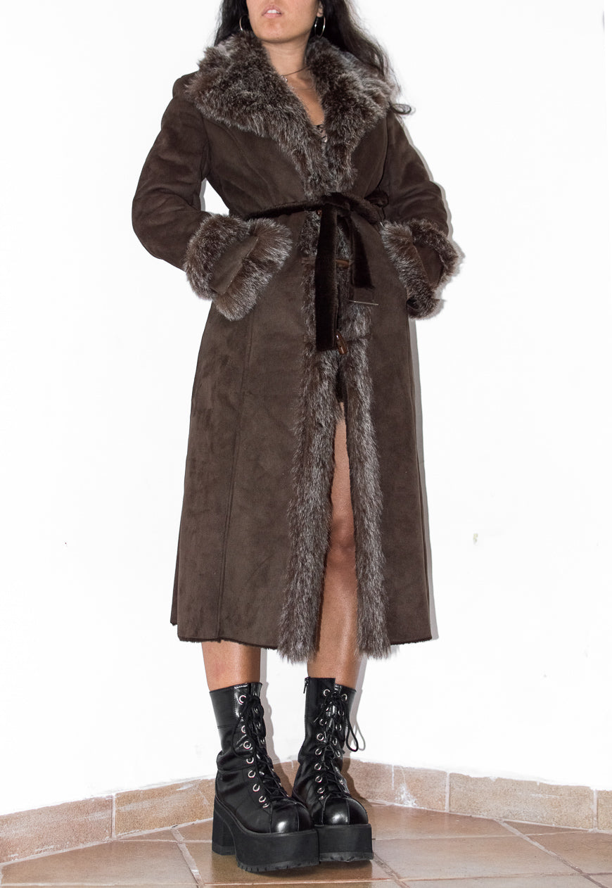 Brown Belted Afghan Coat with Double Fur Handcuffs