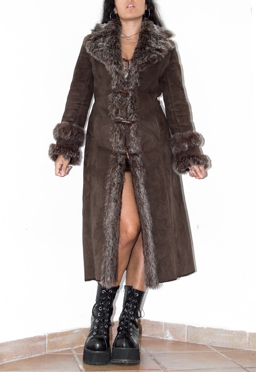 Brown Belted Afghan Coat with Double Fur Handcuffs