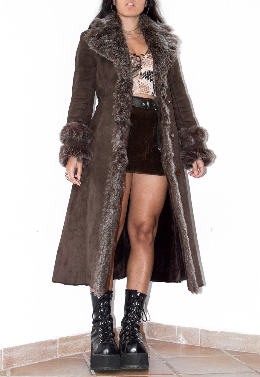 Brown Belted Afghan Coat with Double Fur Handcuffs