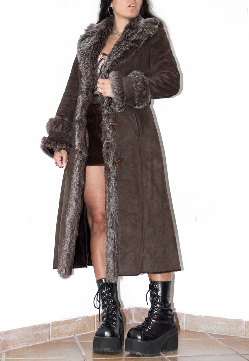 Brown Belted Afghan Coat with Double Fur Handcuffs