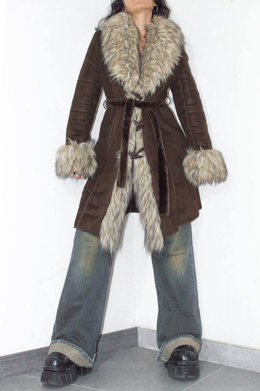 Vintage Y2k Thick Creamy Faux Fur Trim Mocha Brown Afghan Coat with Belt  - Size S