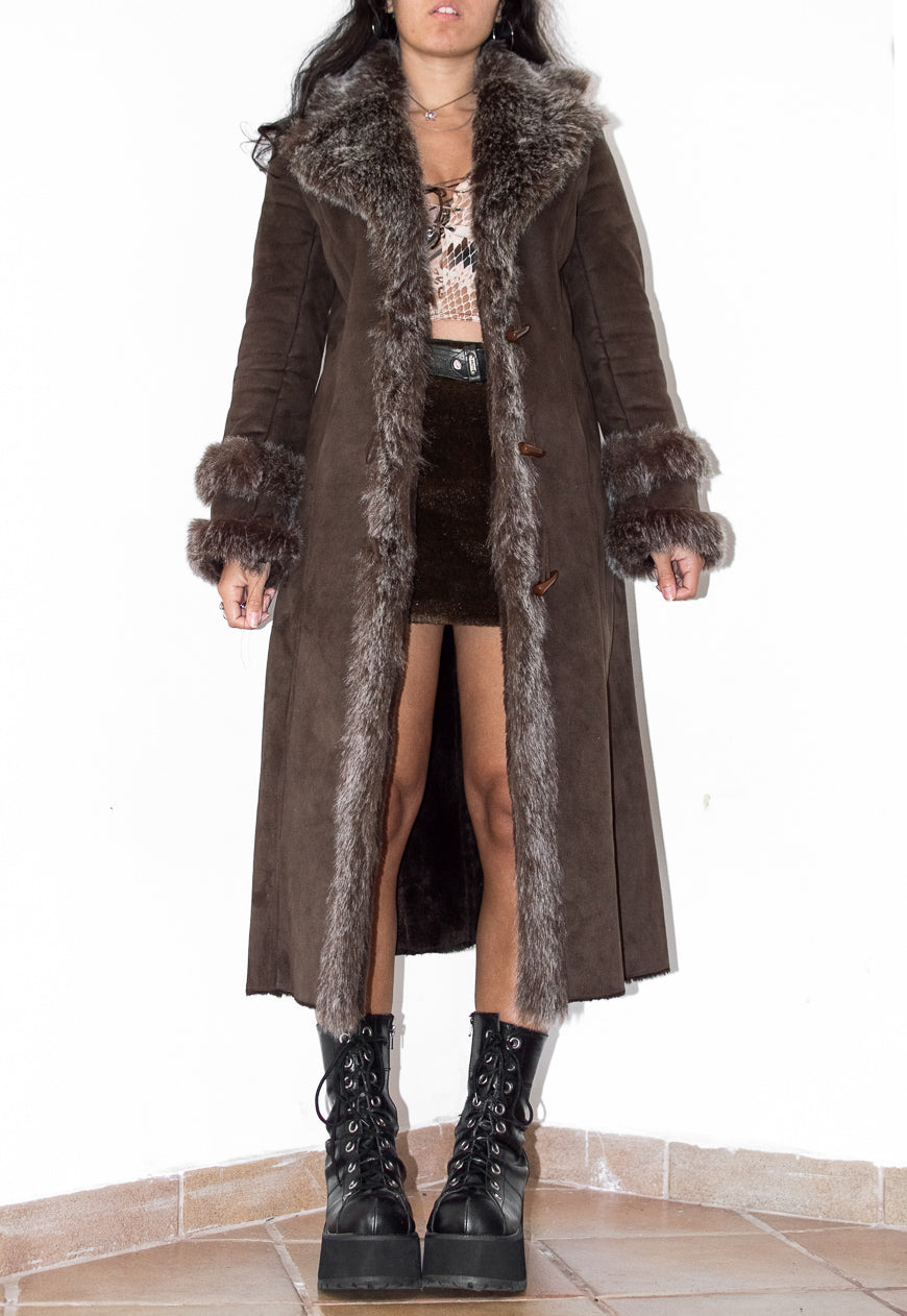 Brown Belted Afghan Coat with Double Fur Handcuffs