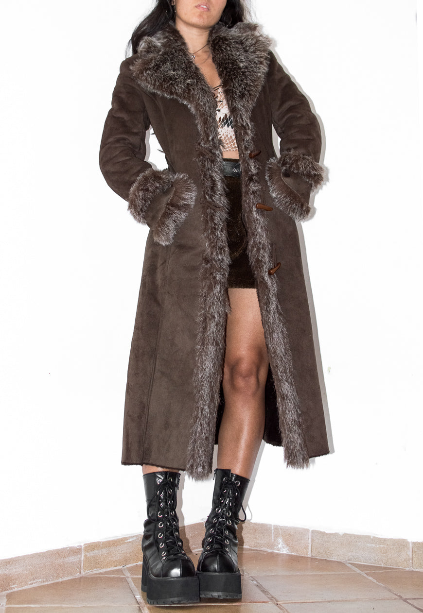 Brown Belted Afghan Coat with Double Fur Handcuffs