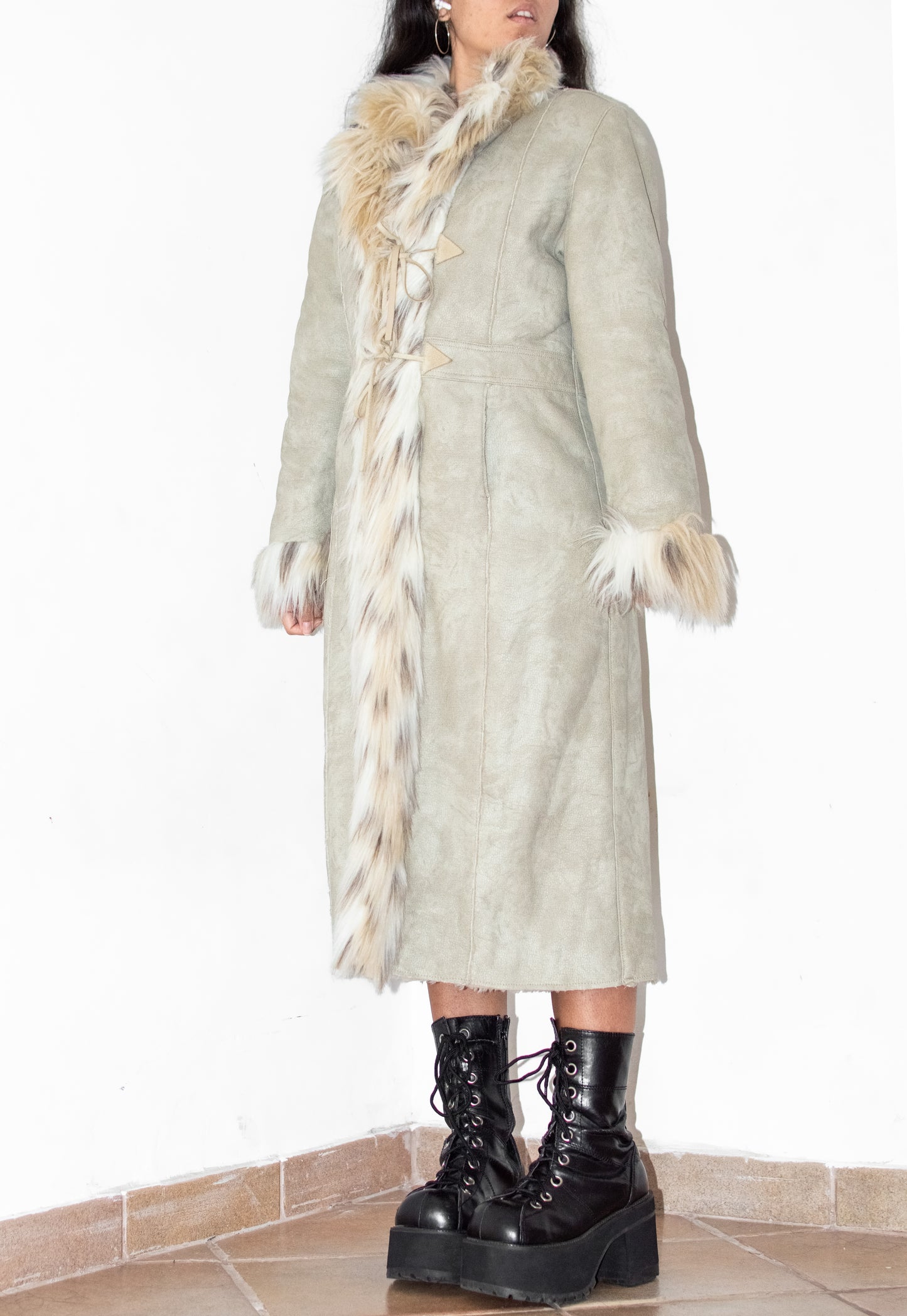 Vintage Beige Faux Fur Trim Afghan Coat