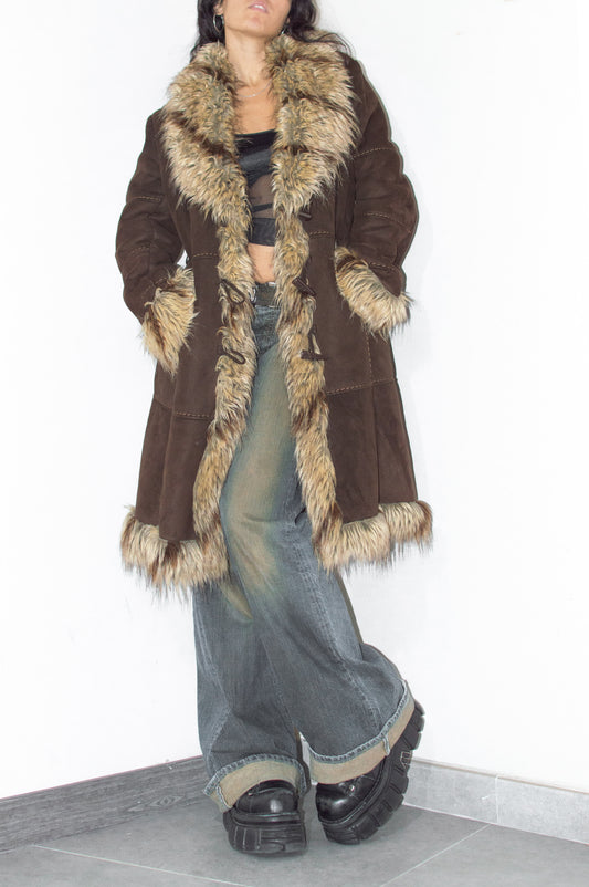 Vintage 2000s  Brown Thick Fur Trim Midi Length Afghan Coat for Winter - Size XL