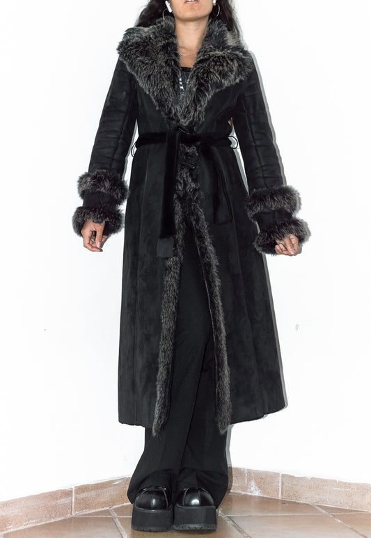 Vintage Y2k Belted Black Afghan Coat with Double Handcuffs