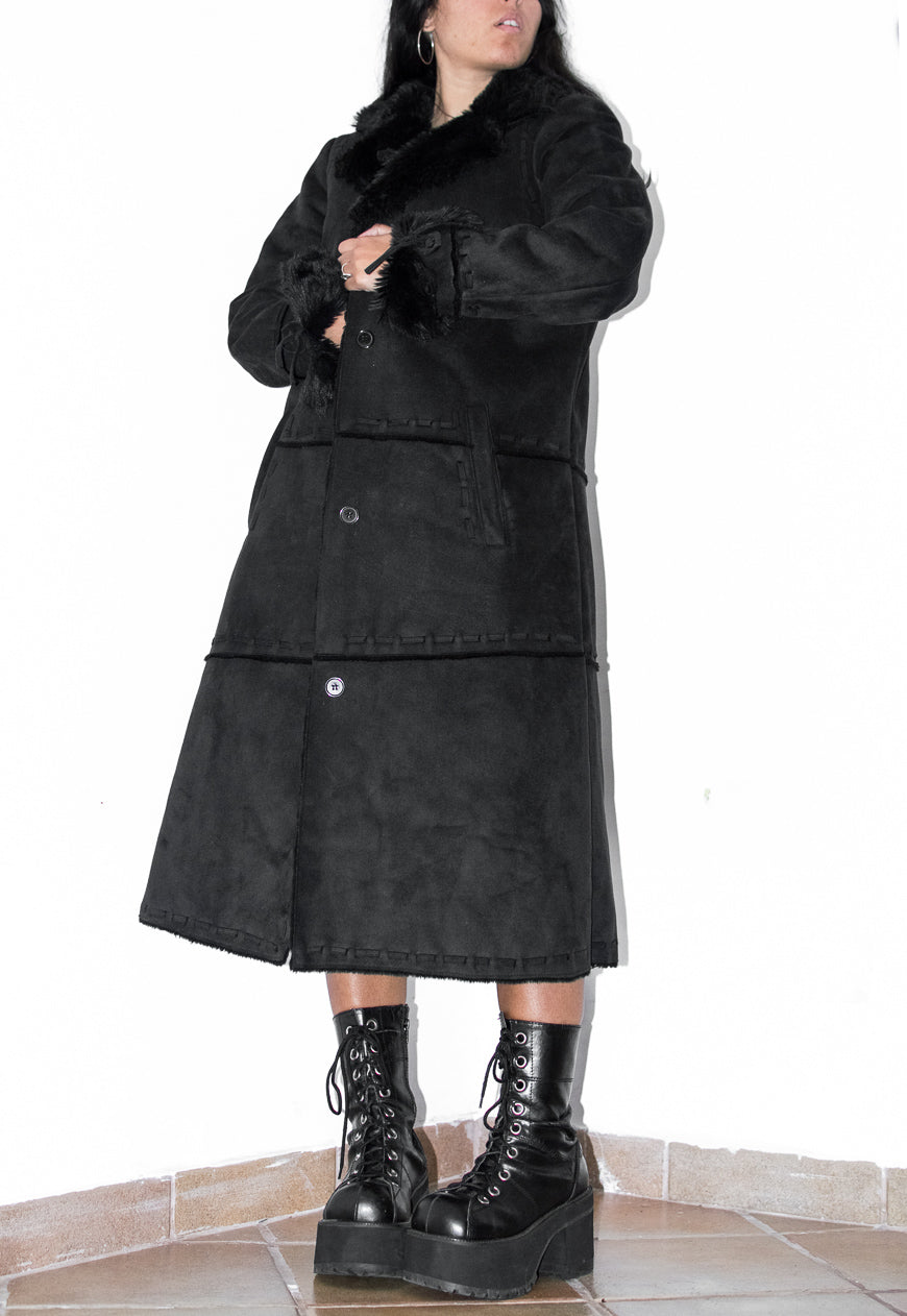 Vintage Black Long Faux Suede Fur Trim Coat