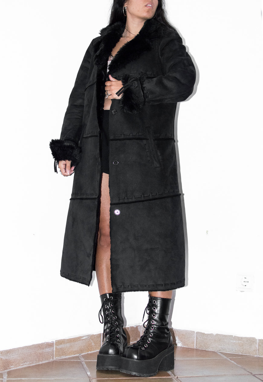 Vintage Black Long Faux Suede Fur Trim Coat