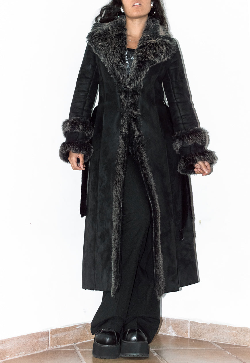 Vintage Y2k Belted Black Afghan Coat with Double Handcuffs