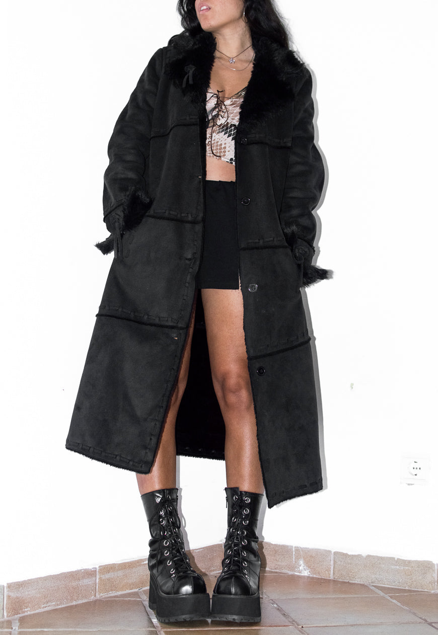 Vintage Black Long Faux Suede Fur Trim Coat