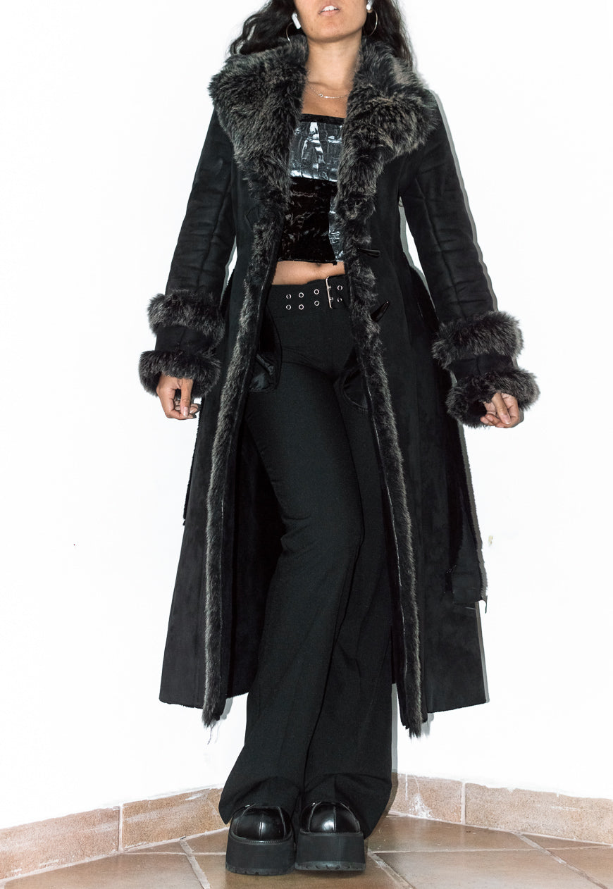 Vintage Y2k Belted Black Afghan Coat with Double Handcuffs