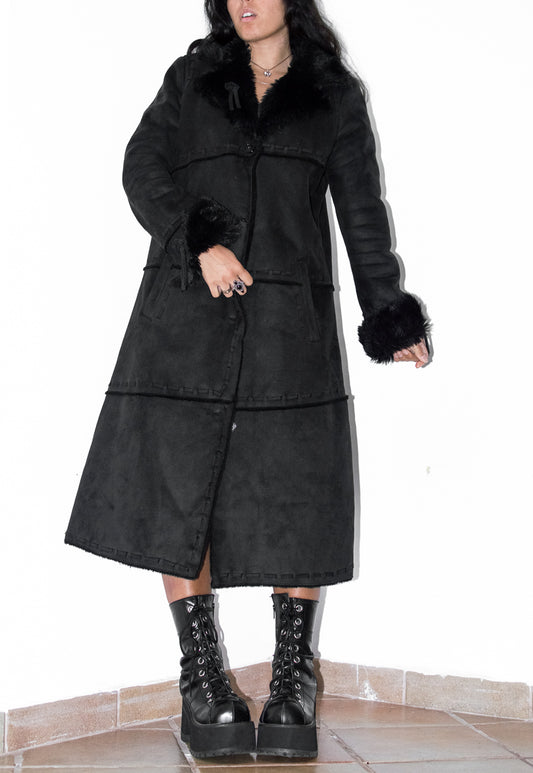 Vintage Black Long Faux Suede Fur Trim Coat