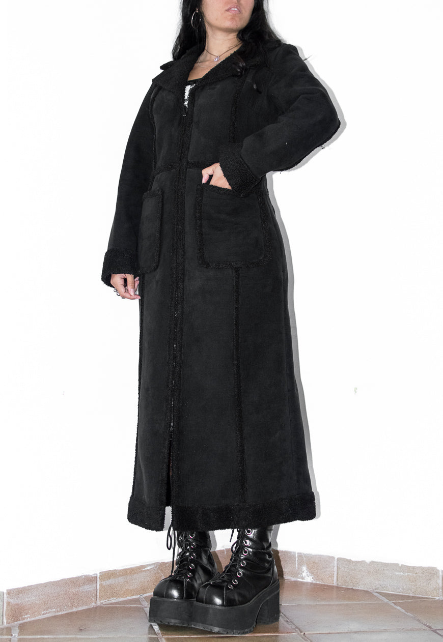 Vintage Long Zip Through Shearling Black Coat