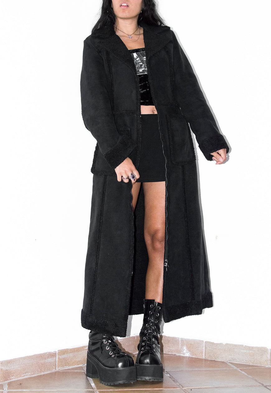 Vintage Long Zip Through Shearling Black Coat