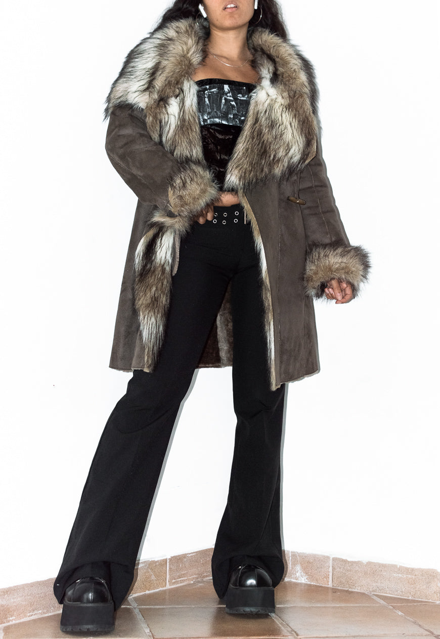 Y2k Fluffy Assymetrical Faux Fur Trim Coat