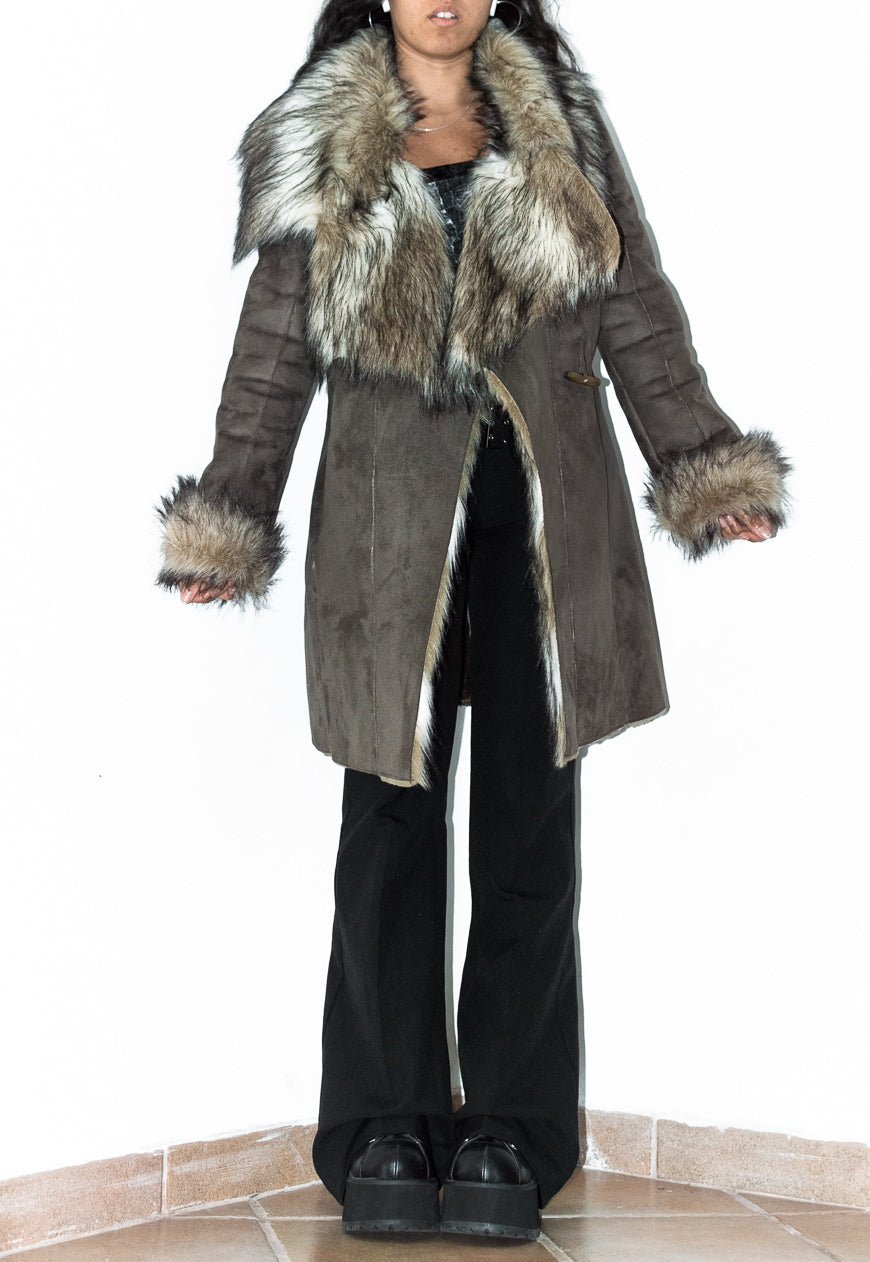 Y2k Fluffy Assymetrical Faux Fur Trim Coat