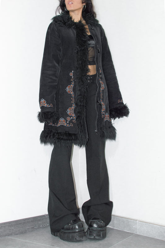 Vintage Y2k Hippie Embroidery Black Fur Trimmed Corduroy Afghan Coat - Size L