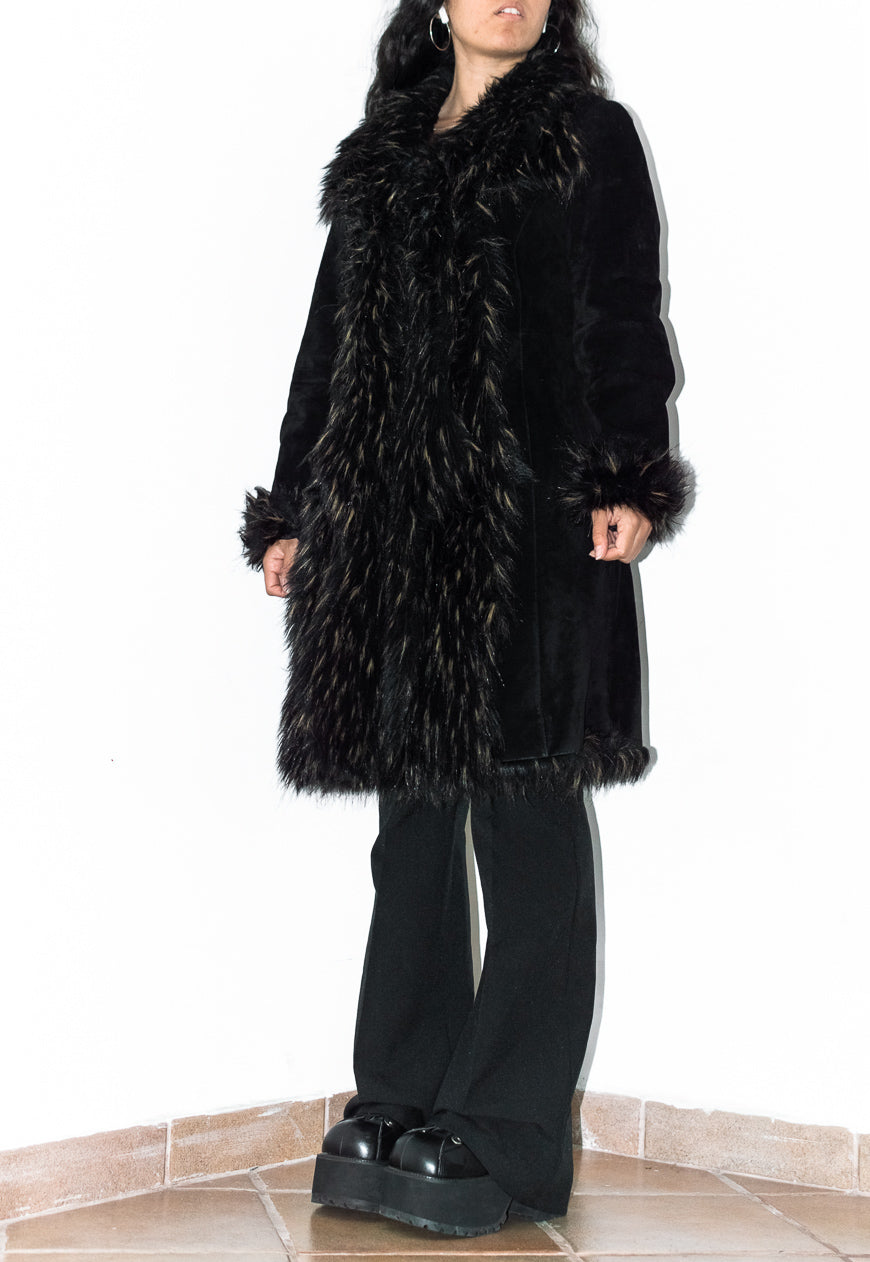 Vintage 90s Black Suede Leather and Double Fur trim Afghan coat