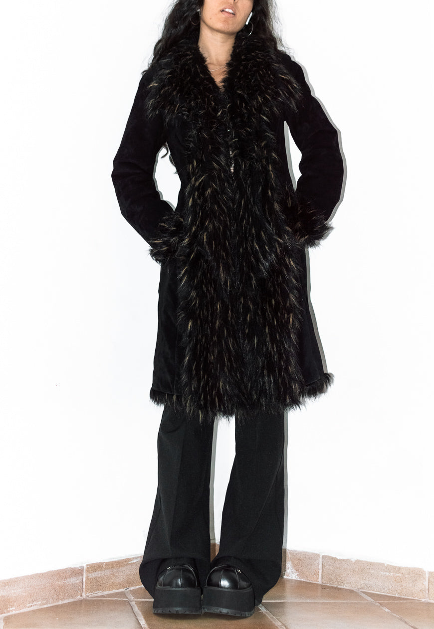 Vintage 90s Black Suede Leather and Double Fur trim Afghan coat