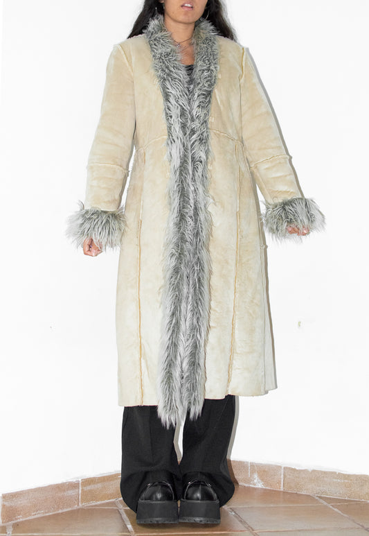 Y2k Long Beige and Grey Fur Trim Afghan Coat