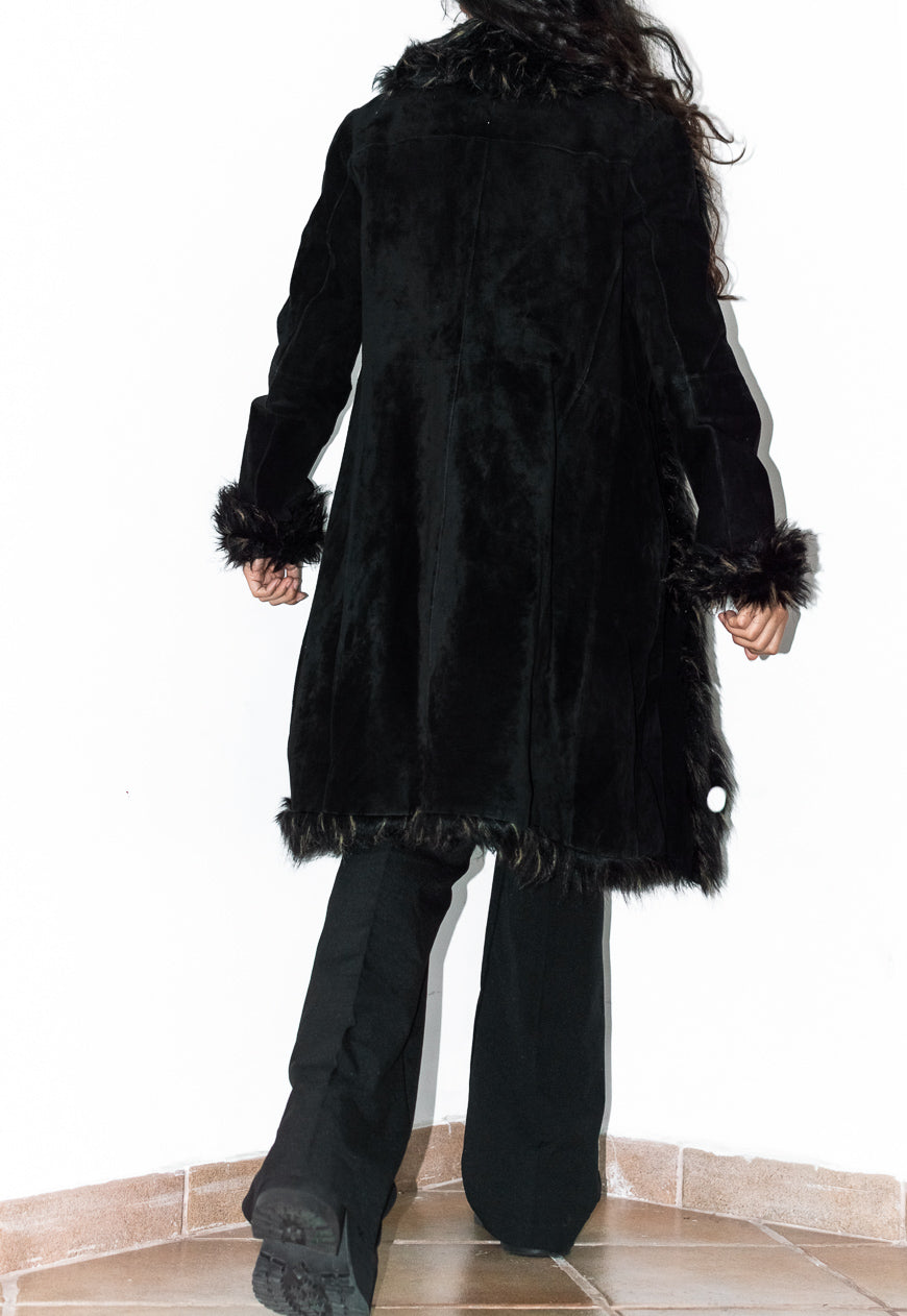 Vintage 90s Black Suede Leather and Double Fur trim Afghan coat