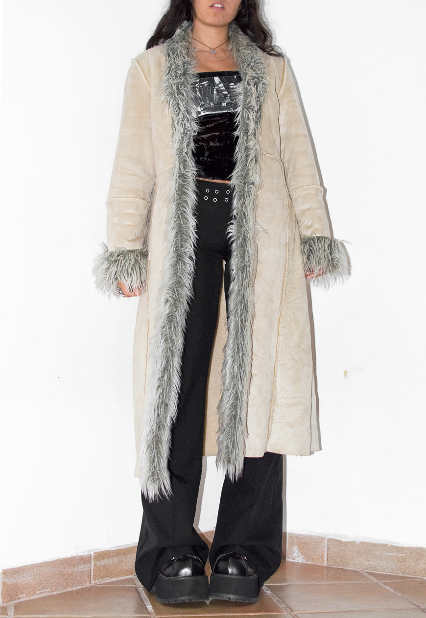 Y2k Long Beige and Grey Fur Trim Afghan Coat