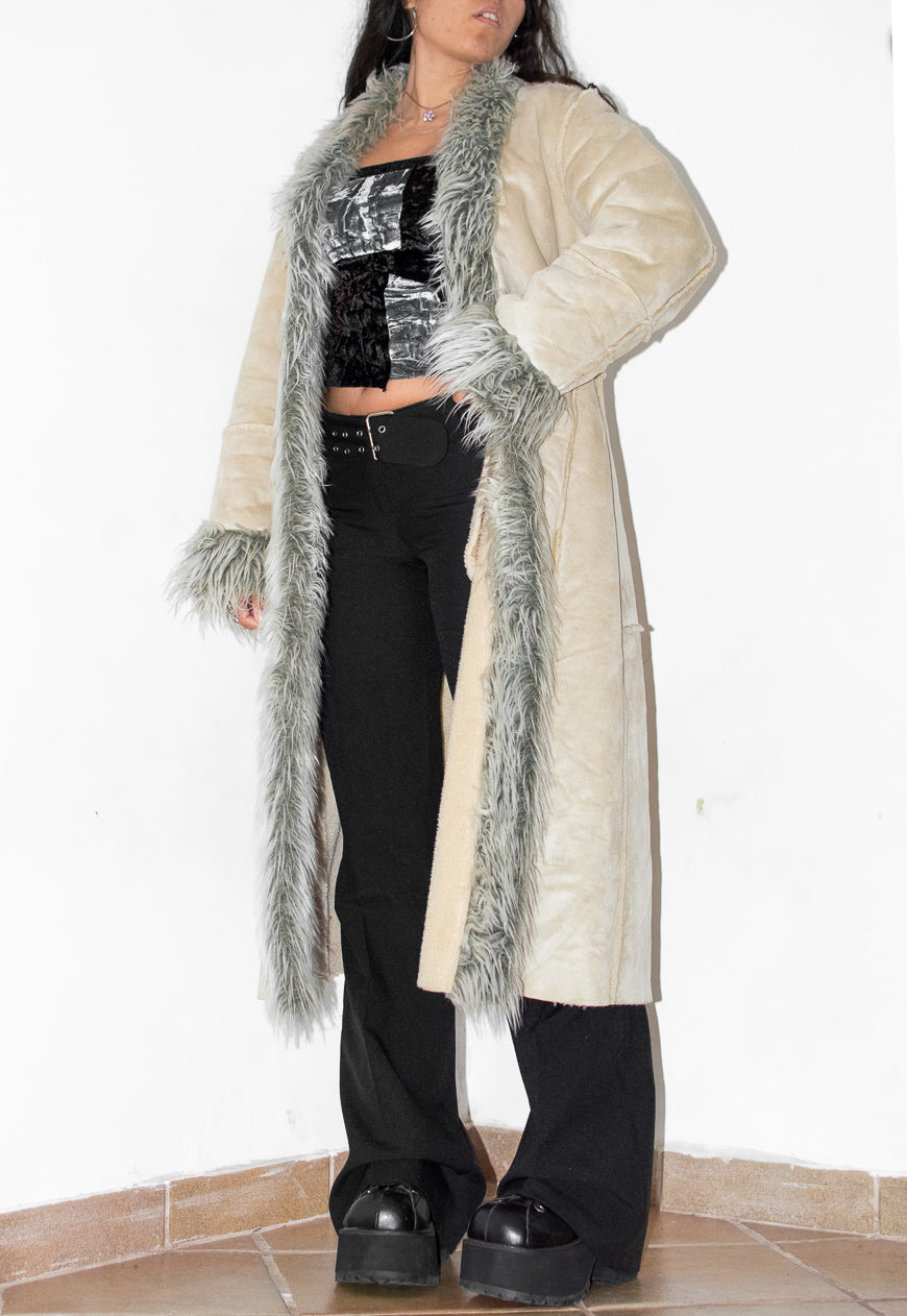 Y2k Long Beige and Grey Fur Trim Afghan Coat