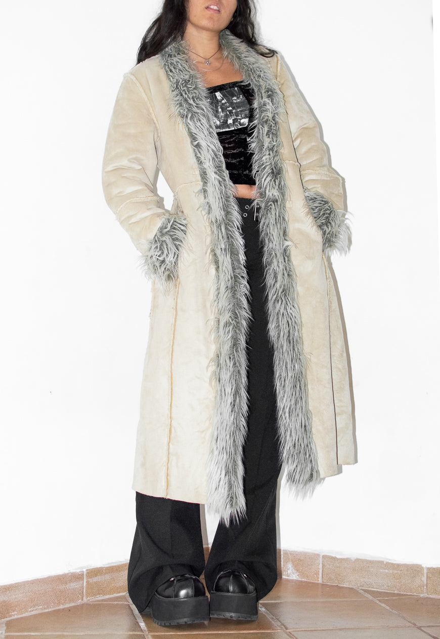 Y2k Long Beige and Grey Fur Trim Afghan Coat