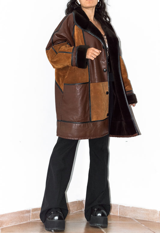 Vintage Brown 80s Leather Patchwork Oversize Coat