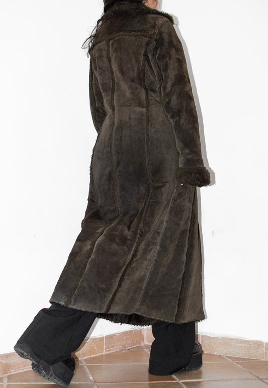 Vintage Faux Fur Long Leather Brown Coat