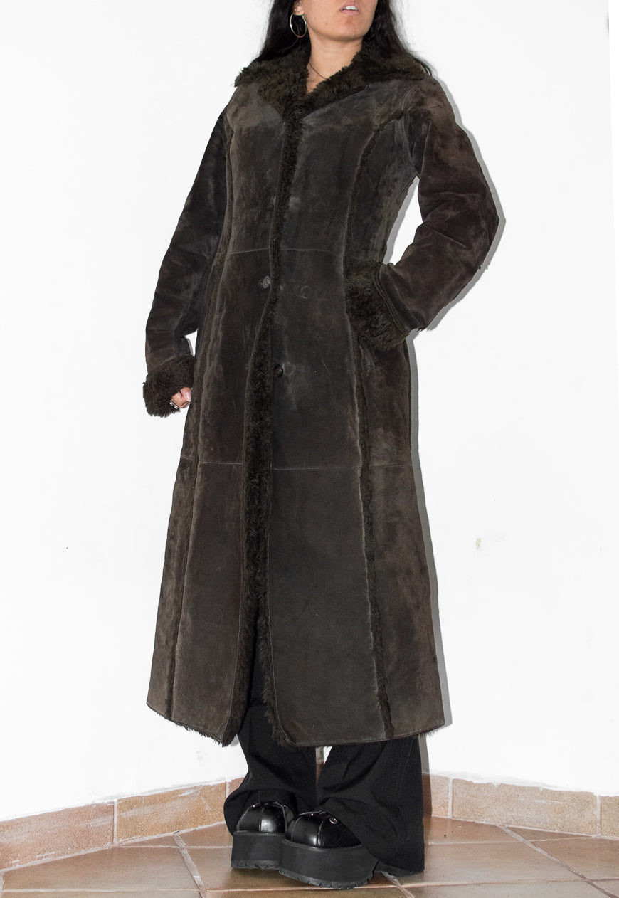 Vintage Faux Fur Long Leather Brown Coat