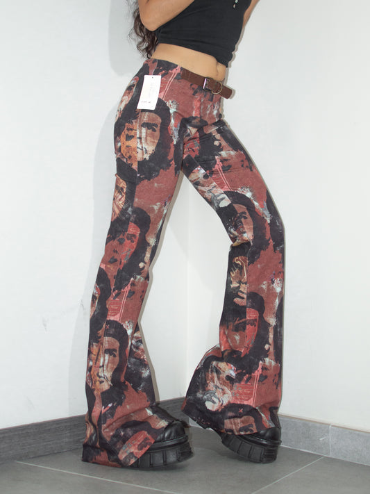 Vintage 2000s Collectible Che Guevara All Over Graphic Print Flared Jeans with Belt - Size L