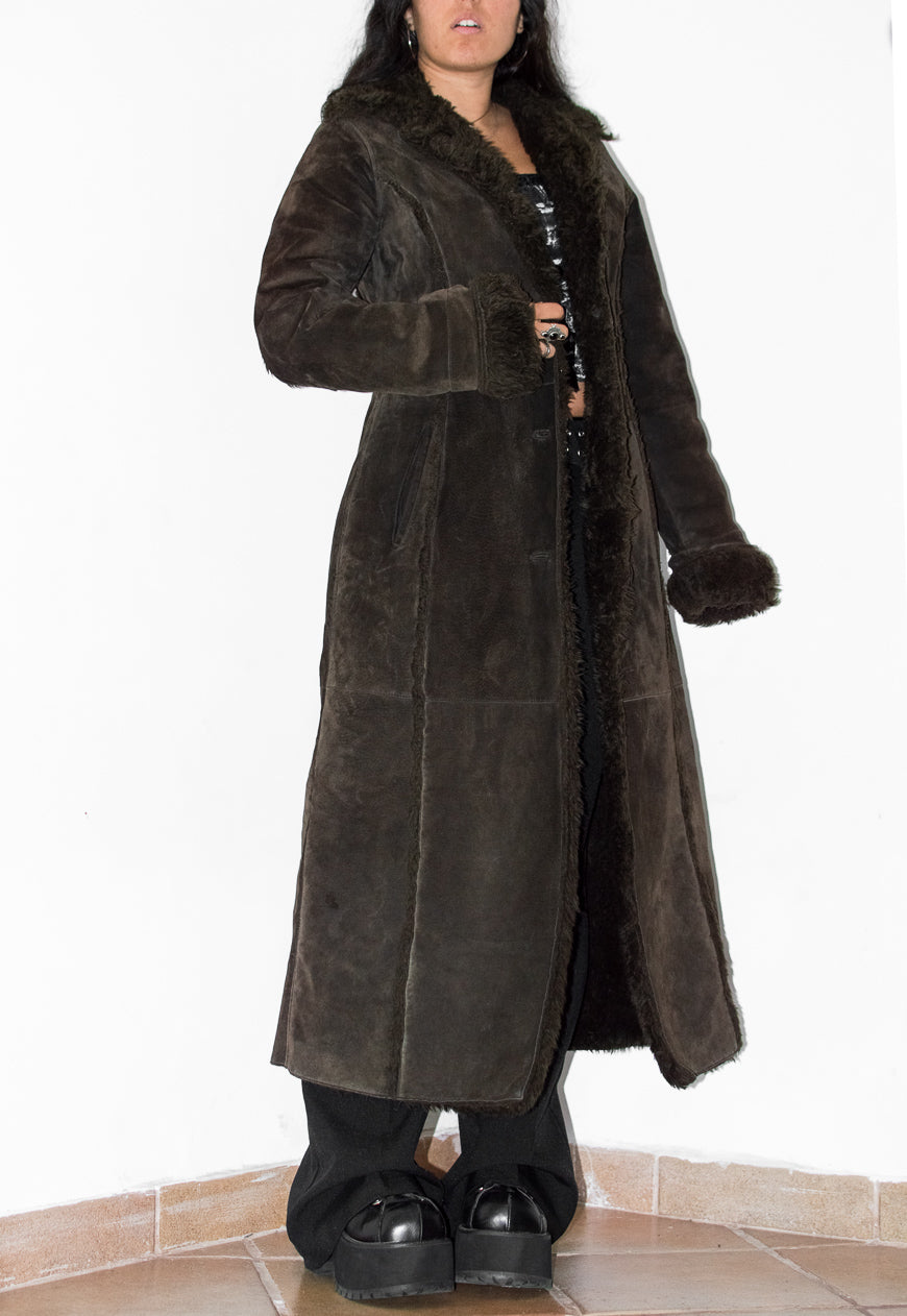 Vintage Faux Fur Long Leather Brown Coat