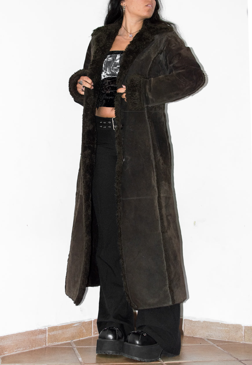 Vintage Faux Fur Long Leather Brown Coat