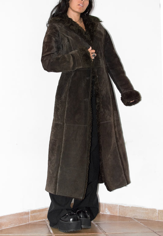 Vintage Faux Fur Long Leather Brown Coat