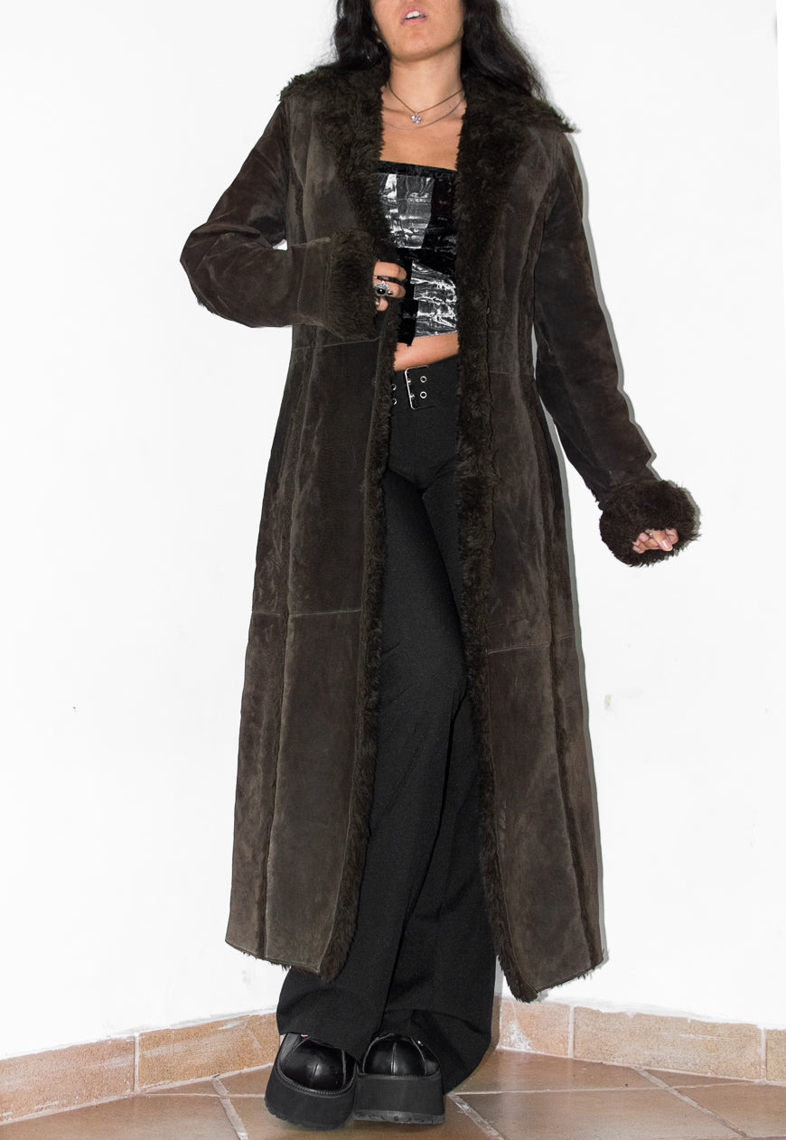 Vintage Faux Fur Long Leather Brown Coat