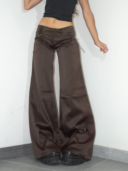 2000s Vintage Rave Brown Flowy Deadstock Super Flared Trousers Low Rise - Size M