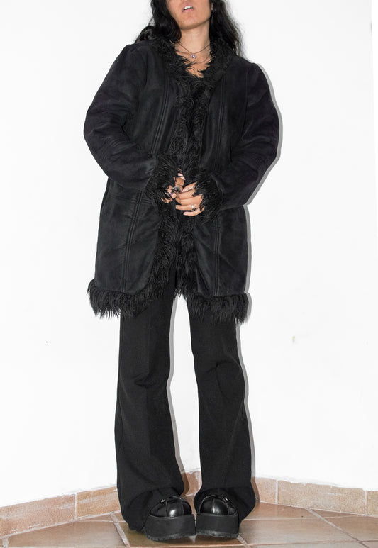 Mongolian Faux Fur Black Suede Afghan Coat