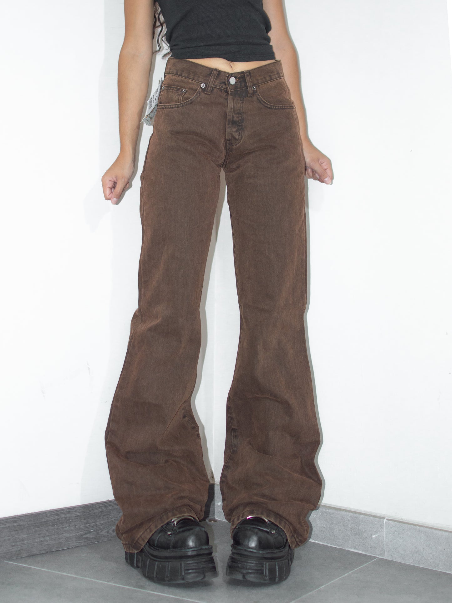 Y2k Vintage Grunge Brown Mid Rise Thick Baggy Flare Denim Pants - Size M