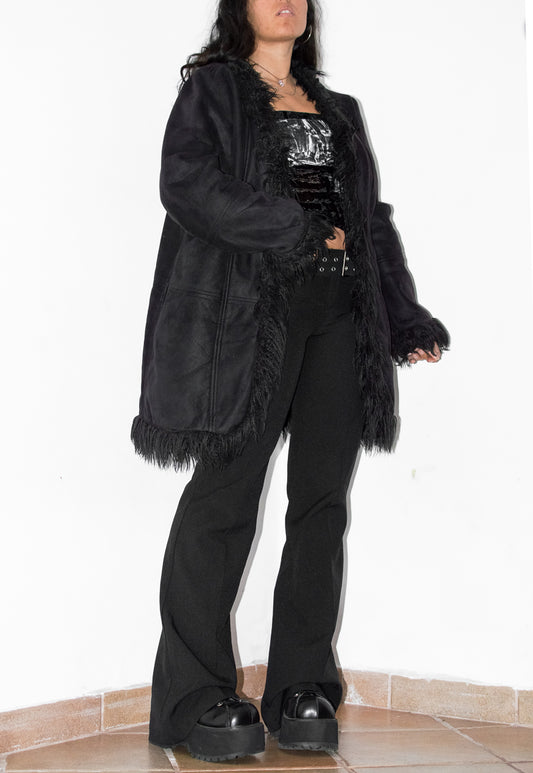 Mongolian Faux Fur Black Suede Afghan Coat