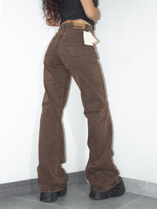 Y2k Vintage Grunge Brown Mid Rise Thick Baggy Flare Denim Pants - Size M