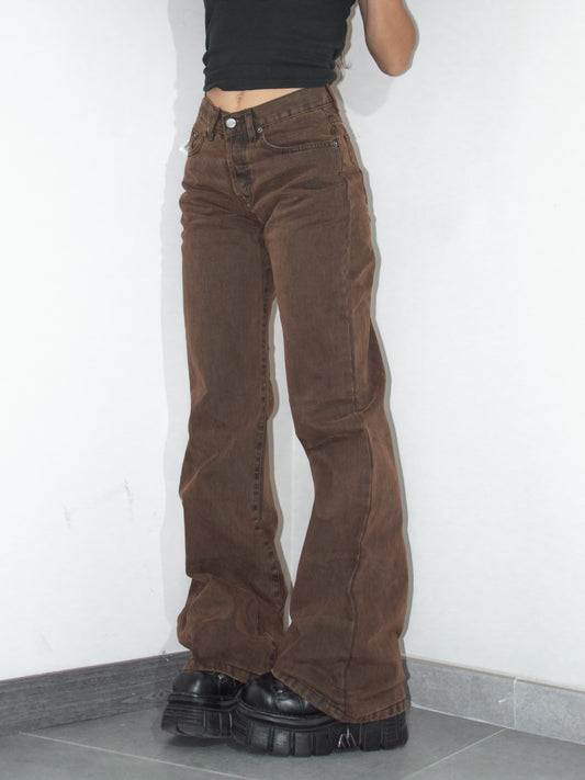 Y2k Vintage Grunge Brown Mid Rise Thick Baggy Flare Denim Pants - Size M