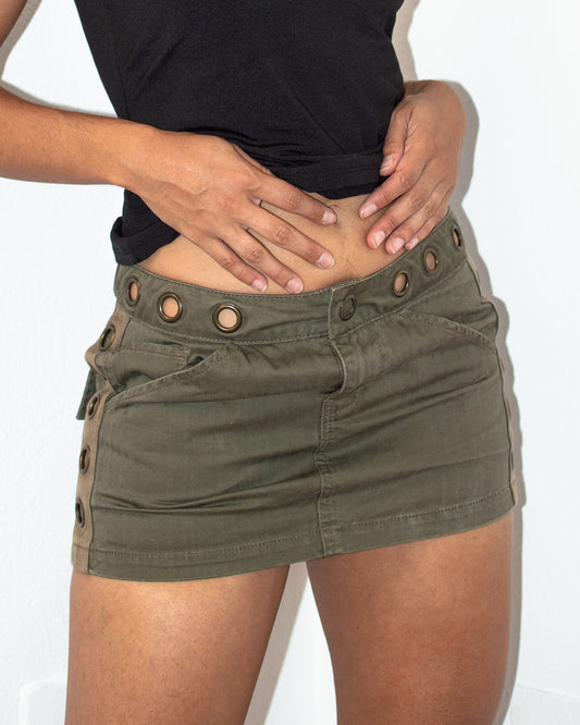 Y2k Vintage Khaki Low Rise Micro Skirt With Eyelets around the waist - Size S