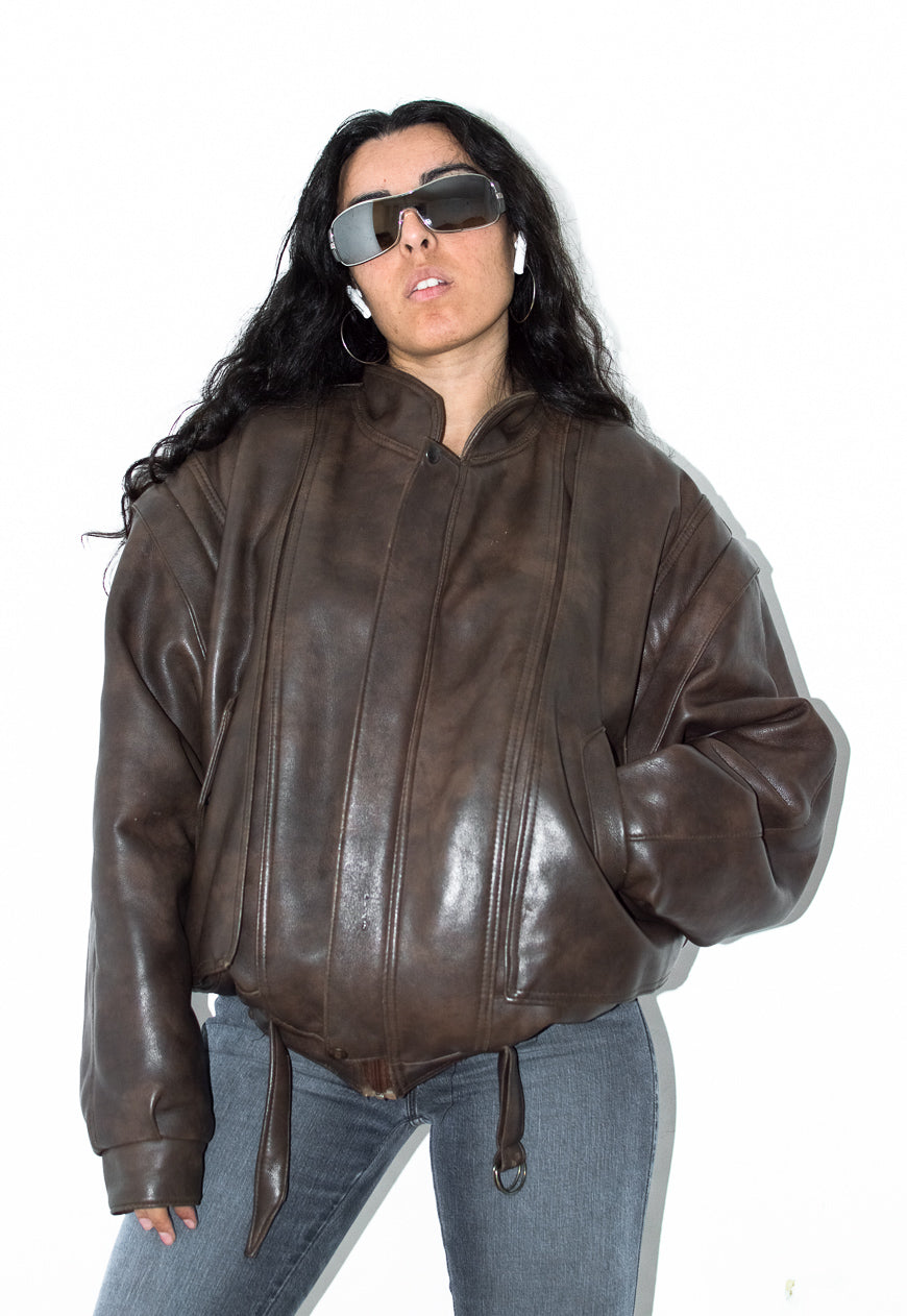 Vintage Heavy Faux Leather Bomber Jacket