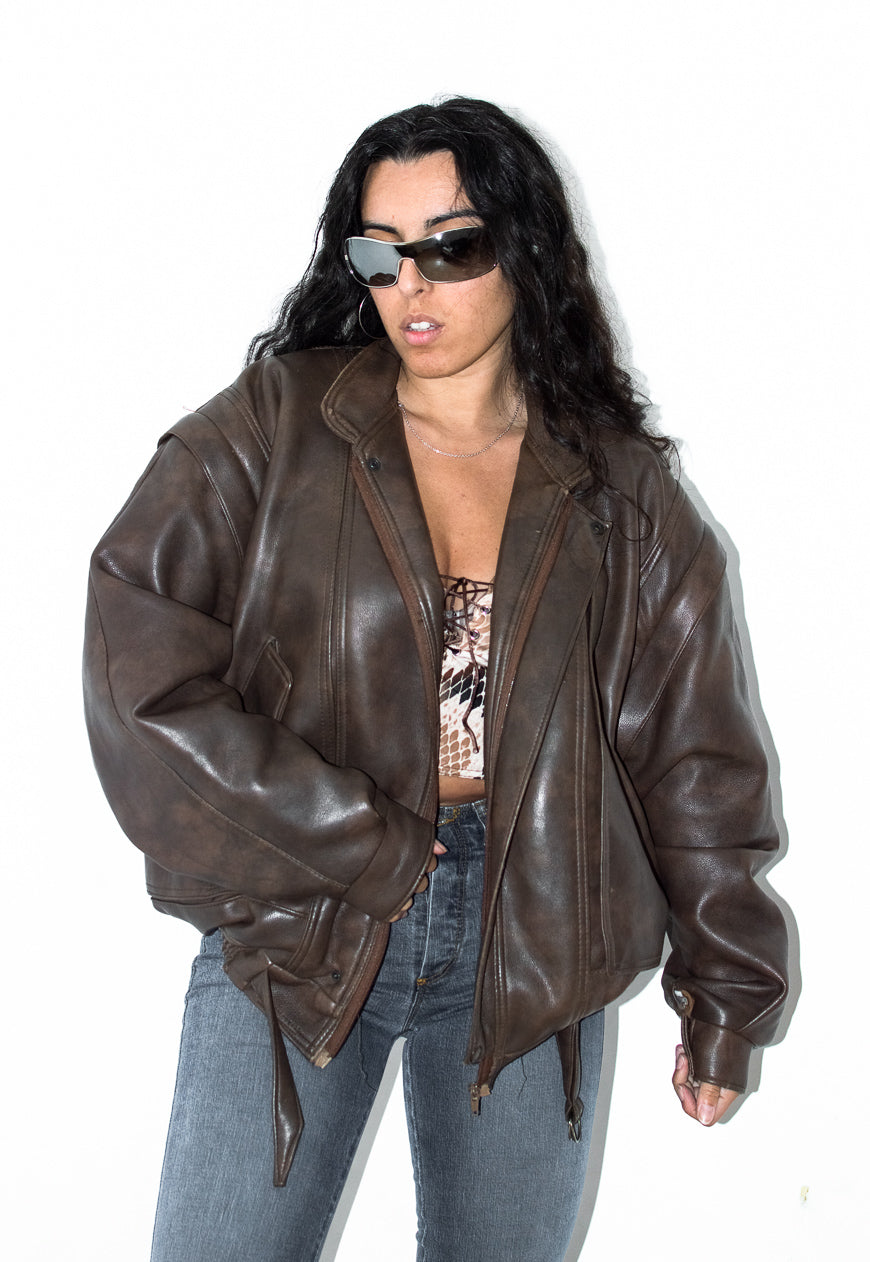 Vintage Heavy Faux Leather Bomber Jacket